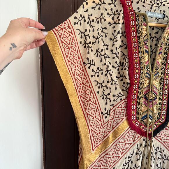 DASSIOS Luxury Lightweight Cotton Caftan W/ Gold Sequin Embroidered Trim Medium - Picture 6 of 11